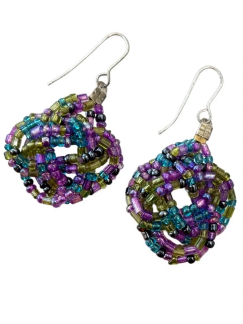Vintage Beaded Earrings Handmade Flower Dangle Wire Coquette Blue Purple Rose